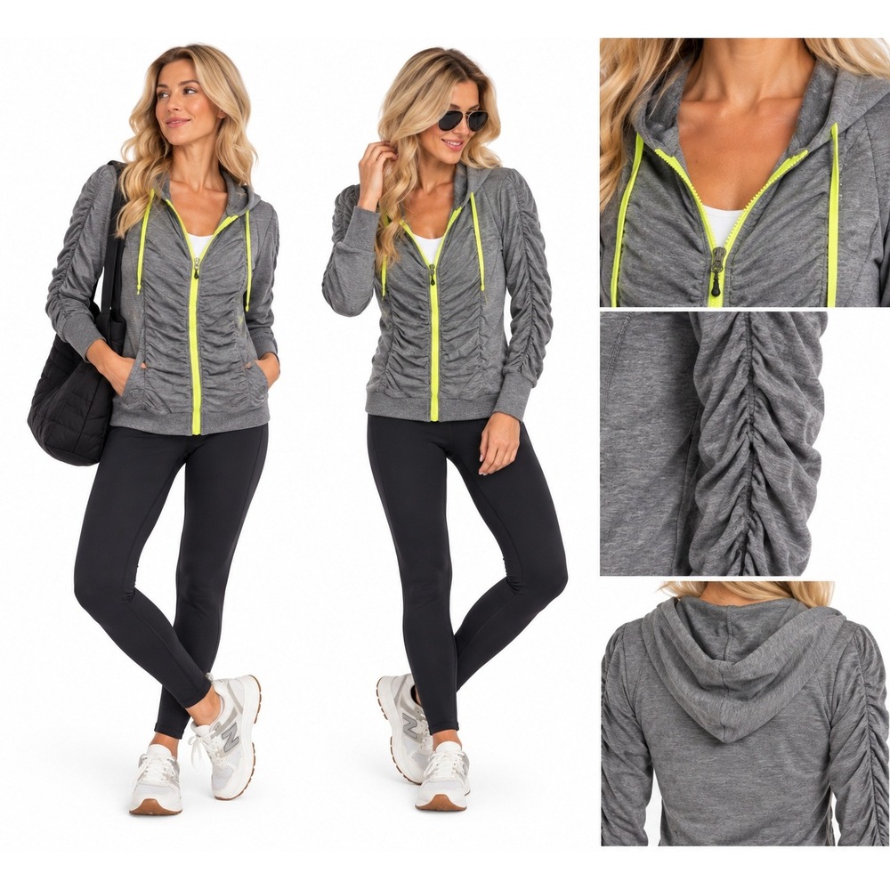 MPG S Gray Ruched Full Zip Hoodie Neon Yellow Athleisure Running Yoga Jacket